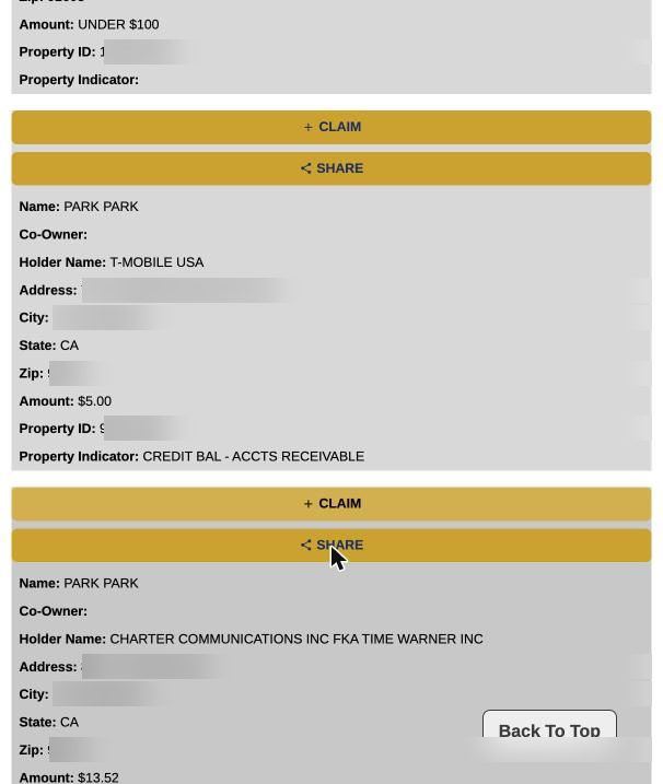 휴대폰에서 청구 가능한 결과. 카드 위에 + CLAIM 버튼과 SHARE 버튼이 있음